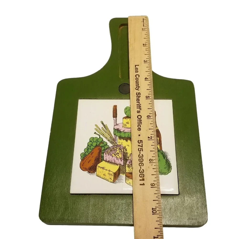 Cheese Board Vintage 70s Wood Ceramic Trivet‎ Cutting Avocado Green Knife